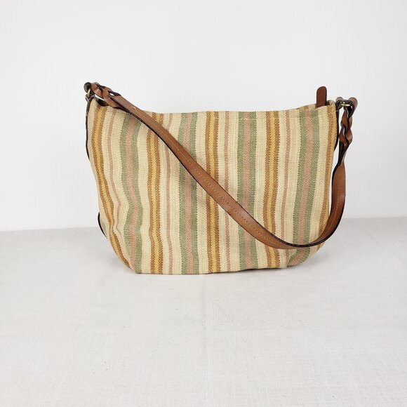 Fossil Handbags - Fossil Hobo Bag Woven Brown Neutral Stripe Canvas Fabric Shoulder Purse
